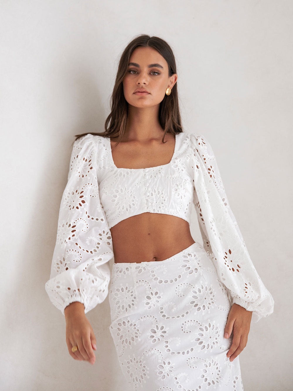 Sabo Luxe Valencia Puff Top XS White Cotton Eyelet Long Sleeve NWT